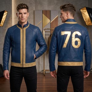 May include: A blue leather jacket with gold accents and the number "76" on the back. The jacket features a ribbed design on the sleeves and chest, with a gold stripe down the front. The collar has the number "76" embroidered on it.