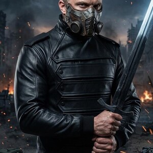 May include: A person wearing a black leather jacket and a metallic mask, holding a glowing sword. The jacket has a high collar and multiple pockets. The background shows a post-apocalyptic scene with fire and debris.