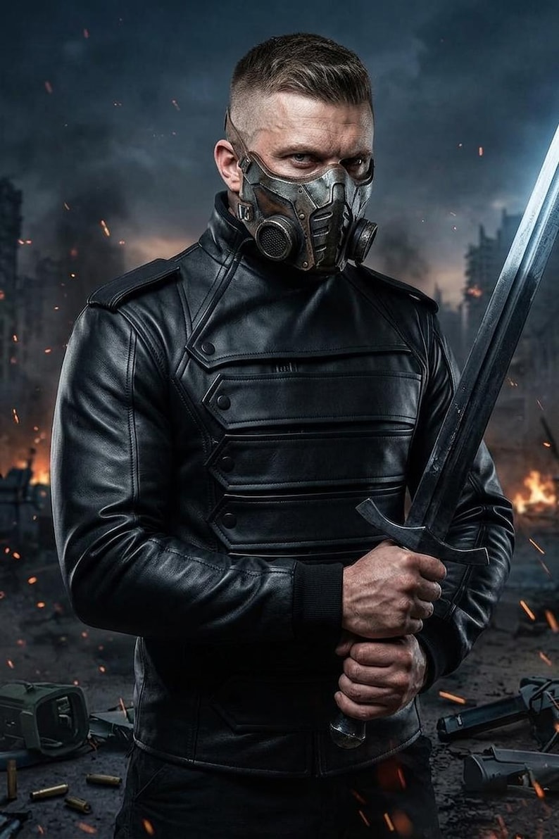 May include: A person wearing a black leather jacket and a metallic mask, holding a glowing sword. The jacket has a high collar and multiple pockets. The background shows a post-apocalyptic scene with fire and debris.