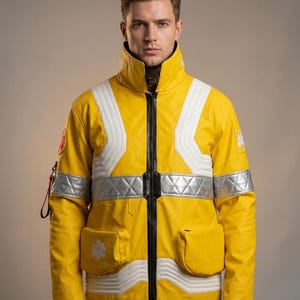 Op de afbeelding: Een felgele jas met witte en zilveren accenten. De jas heeft een hoge kraag, een zwarte ritssluiting en meerdere zakken. Witte strepen en zilveren banden sieren de borst en de armen. Een rood label hangt aan de linkerschouder.