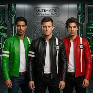 May include: Three men wearing leather jackets in green, black, and red. Each jacket has white stripes and the number 10 or 1 on the chest. The jackets are part of the "ULTIMATE COLLECTION".