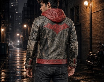 Jason Todd Red Hood Inspired Bat Leather Jacket | Arkham Knight Hooded Biker Cosplay Costume