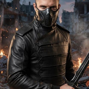 May include: A person wearing a black leather jacket with a matching mask and holding a sword. The jacket has multiple buttoned pockets and a high collar. The mask covers the lower face. The background shows a destroyed cityscape with fire.