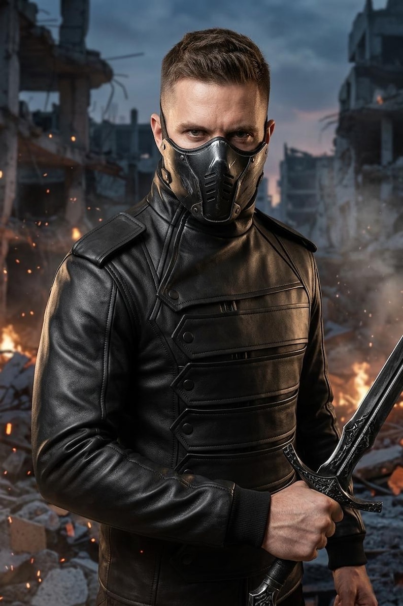 May include: A person wearing a black leather jacket with a matching mask and holding a sword. The jacket has multiple buttoned pockets and a high collar. The mask covers the lower face. The background shows a destroyed cityscape with fire.
