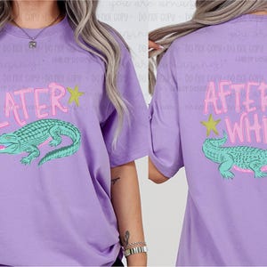 May include: A lilac-colored t-shirt with a front graphic that says "LATER" above a teal alligator illustration. The back of the shirt says "AFTER WHILE" above a matching alligator illustration. Pink and yellow star accents are included.