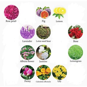 Peut inclure: Un tableau avec des images de diff&eacute;rentes fleurs et herbes, notamment des p&eacute;tales de rose, des figues, du citron, de la lavande, des graines de lotus, de la rose, des fleurs d'albizia, du jasmin, de la citronnelle, de la pivoine, de la calendula officinalis et du lys.