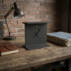 May include: A matte black analogue clock shaped like an I-beam, featuring a flat top and base, circular cutouts representing the hour markers, and three thin black hands positioned in the centre of the square face for timekeeping.