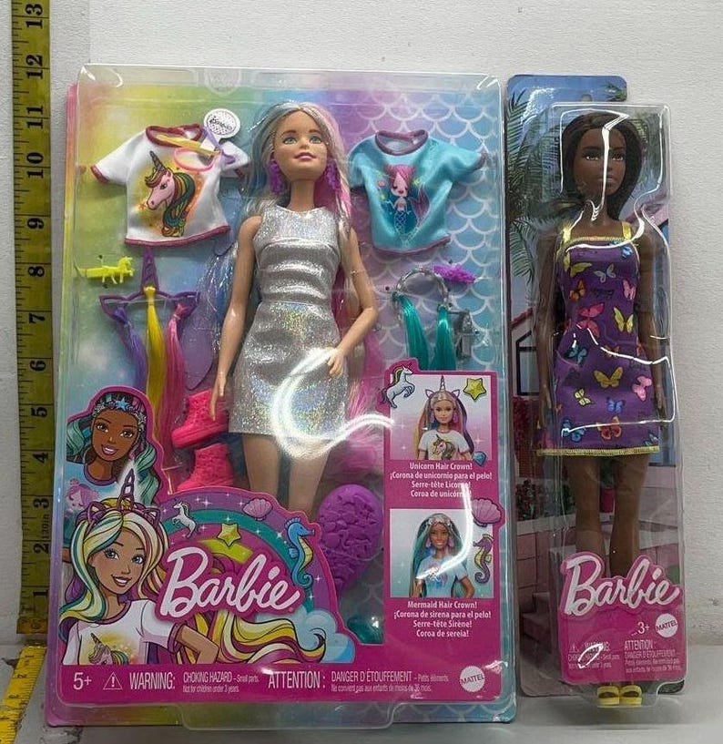 Mattel Barbie Fantasy Hair Doll + Butterfly Dress Doll - New, Sealed image 1