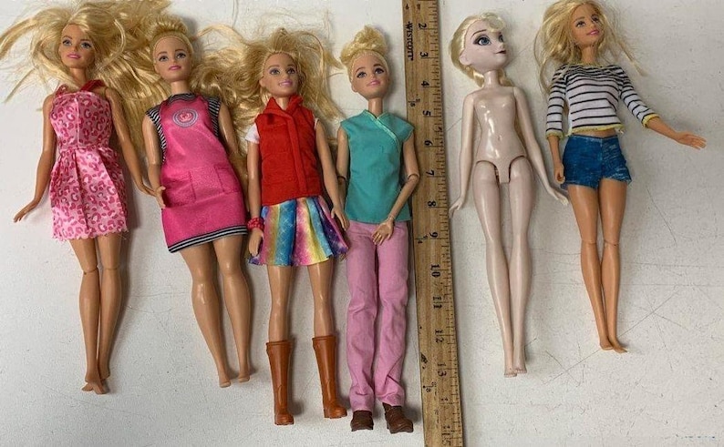 May include: A collection of six dolls with different hairstyles and outfits. The dolls are wearing a variety of clothing, including a pink dress with a leopard print, a pink dress with a white stripe, a red vest with a rainbow skirt, a turquoise shirt with pink pants, a white shirt with blue shorts, and a nude dress.