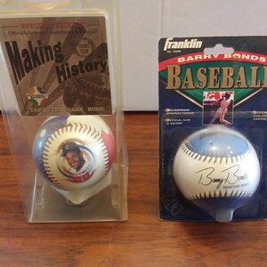 Op de afbeelding: Twee baseballs in etalages. De baseball aan de linkerkant is wit met blauwe en rode accenten en heeft een afbeelding van een honkballer. De baseball aan de rechterkant is wit met blauwe accenten en heeft de tekst "Barry Bonds Signature Series" erop.