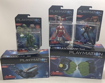 May include: A collection of Marvel Avengers Playmation toys, including figures of Falcon, Black Widow, and Hulk, as well as a repulsor gear and gamma gear. The packaging features the Marvel Avengers logo and the Playmation logo.