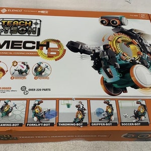 May include: A box for a Teach Tech Mech 5 mechanical coding robot kit. The box shows a green, black, and orange robot with over 220 parts. The box also shows five different robot configurations: drawing-bot, forklift-bot, throwing-bot, gripper-bot, and soccer-bot.
