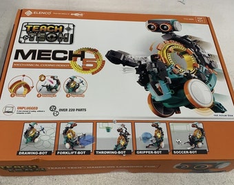 May include: A box for a Teach Tech Mech 5 mechanical coding robot kit. The box shows a green, black, and orange robot with over 220 parts. The box also shows five different robot configurations: drawing-bot, forklift-bot, throwing-bot, gripper-bot, and soccer-bot.