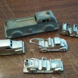 5 Antique cars - 1940s metal Fire truck and 4 chrome plastic vehicles