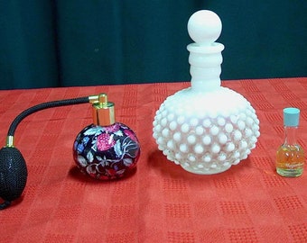 4 different Vintage glass perfume bottles with white opalescent Fenton