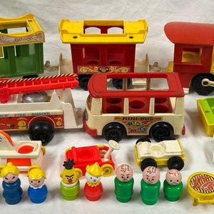 Vintage 1960-70s Fisher Price Little People Toys - Train, Bus, Fire Engine, Vehicles