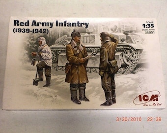 May include: A model kit box for Red Army Infantry from 1939-1942. The box features a scale model of a Soviet tank with three soldiers in winter uniforms. The box is labeled with the scale 1:35 and model kit number 35051.