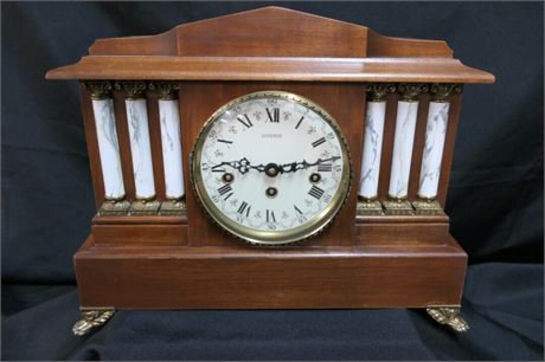 Vintage Emperor Mantel Clock Wood With Brass Trim, Feet and Face