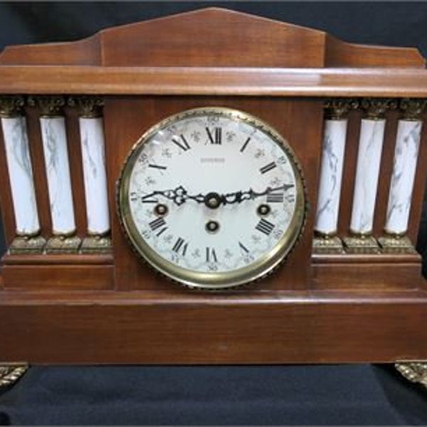 Vintage Emperor Mantel Clock - Wood with brass trim, feet and face, Marble like columns