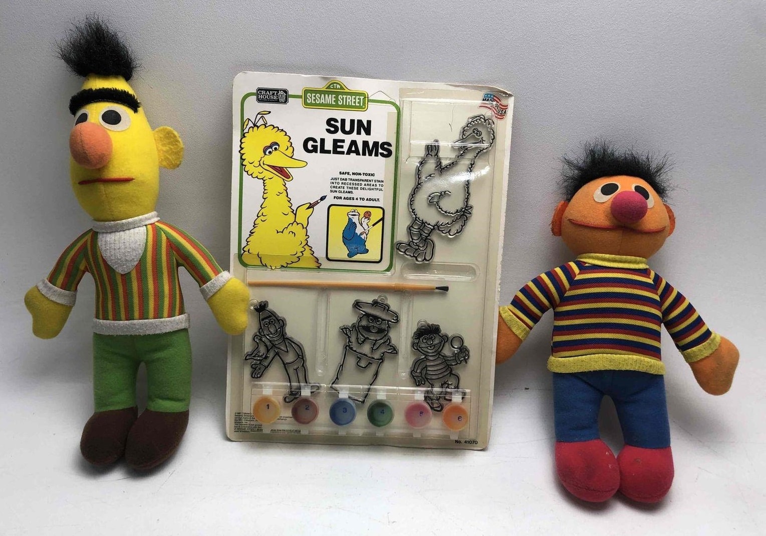 Vintage Sesame Street Bert and Ernie Dolls Plus Sun Gleams Kit