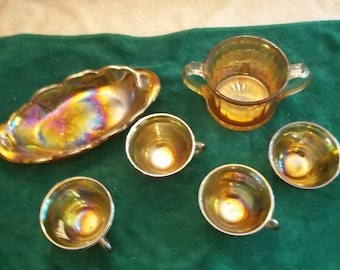 Marigold Carnival Glass Harvest 4 Cups, Candy Dish and Spooner