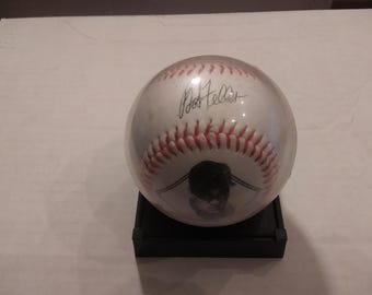 Vintage Bob Feller Signature Baseball Souvenir Collectible w/Base