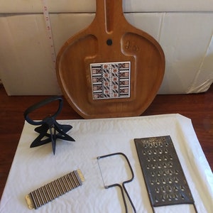 Vintage 1940-90s Kitchen Collectibles - Grater, Dough Cutter, Cheese Board & Cutter
