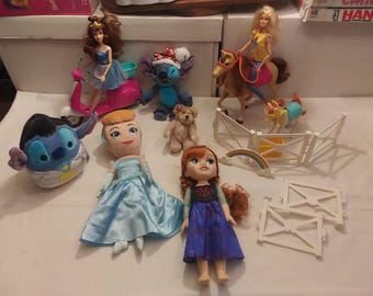 Vintage Disney Barbie Toys - 2 Princess Dolls, Frozen Anna, 2 Stitch Toys, 2 Horses+