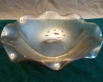 Glass Console Bowl in a marigold color, etched pattern is flowers and leaves