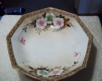 Large Nippon 8 sided floral decorated bowl marked Hand Painted