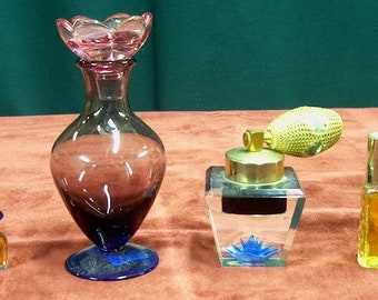 4 vintage glass perfume bottles - beautiful cobalt blue, amethyst, pink flower top