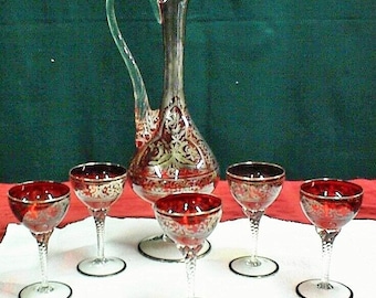 Beautiful Czechoslovakian ruby glass with silver highlights decanter with 5 stems