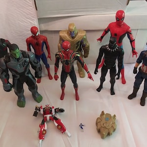 Collection of 10+ Action Figures - Spiderman, Power Rangers, Hulk, Transformers, Guardians