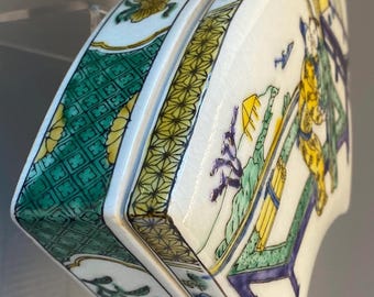 Vintage Curved Porcelain Trinket Box: Hand-Painted Japanese Artwork, Hong Kong Mid-Century
