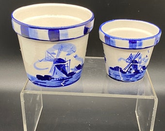 Delft Blue Windmill Flower Pots, Hand Painted Ceramic Set, Vintage Dutch Decor