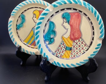 Vintage 80s Orvieto Hand-Painted Dishes, Set of 2, Renaissance Style