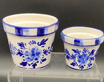 Delft Blue Windmill Flower Pots, Hand Painted Ceramic Set, Vintage Dutch Decor
