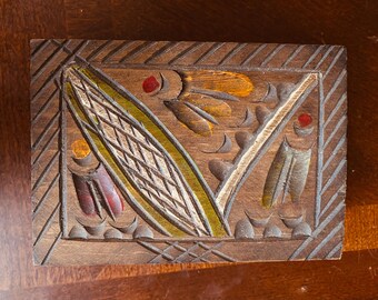 Wood trinket box. Beautifully Hand carved, painted  hinged box. Vintage 90s.