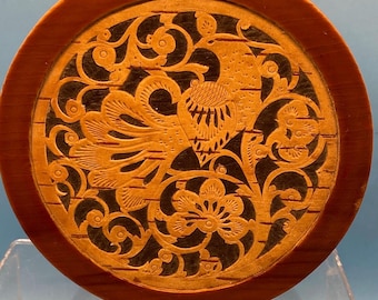 Vintage Russian Birch Wood Carved Box, Dove Floral Design Trinket Container