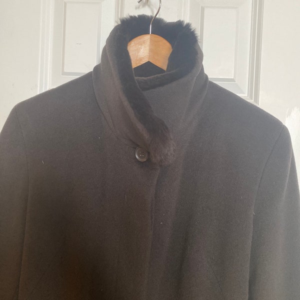 Designer, Dana Bachman coat wool, angora, fur trim. High straight collar, NWT, NBW, tags. Soft! Sz. 14 (Large). Mint condition. 1990s.