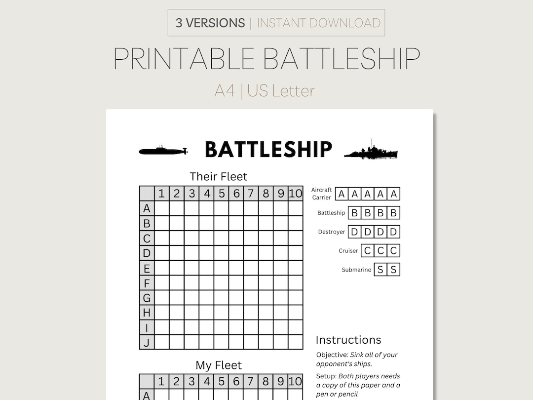 Printable Battleship Game Easy to Print and Play With Etsy