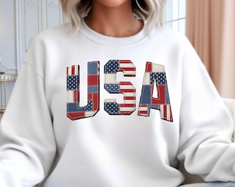 Denim Patchwork USA Flag Letters Sweatshirt | Patriotic Stars and Stripes Crewneck for Families
