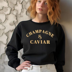 Champagne + Caviar Luxury T-Shirt or Embroidered Sweatshirt, Minimalist Cotton Graphic, S–5XL
