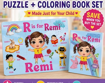 Personalized Puzzle & Coloring Book Set for Kids, Custom Name ABC Learning Gift