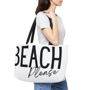 Beach Bitte Personalisierte Weiß mit Schwarzen Griffen Weekender Strand Einkaufstasche, Pool Tasche, Strandtasche, Urlaubstasche