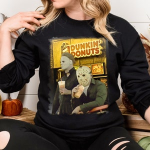 Jason and Michael Myers Halloween Killers Sweatshirt at Dunkin&#39; Donuts, Horror Movies Shirt - Movie Villains, Halloween Humor