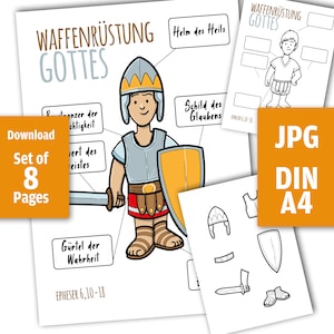 Waffenrüstung Gottes, Ausmalen und Ausschneiden für Kinder zum spielerischen Lernen, Sonntagsschule, deutsche Version, Download zum drucken
