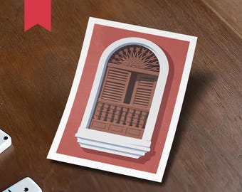 Viejo San Juan Window Postcard | Sofrito, Boricua, Platano, Wall Art, Mail, Summer, Coqui, Print, Travel, Gift, Friend