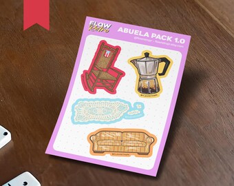 Abuela Pack 1.0 Matte Sticker Sheet | Greca, Cafetera, Cafe, Sofa, Plastic, Notebook, Boricua, Puerto Rico, Gift, Laptop, Water bottle