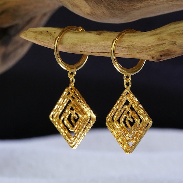 Kreolen Gold Ohrringe Silber hängend aus 925 Silber Rautenförmig profiliert Gold Sterling Silber oder mit 18k vergoldet